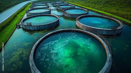 Aerial View of Green Biogas Stored in Large Anaerobic Digestion Tanks for Carbon-Neutral Power Generation, Sustainable Energy Production photo