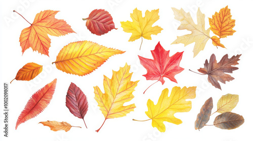 A collection of colorful autumn leaves from oak, maple, and chestnut trees. These simple yellow, red, and orange leaves are perfect for patterns, banners, stickers, or greeting cards.