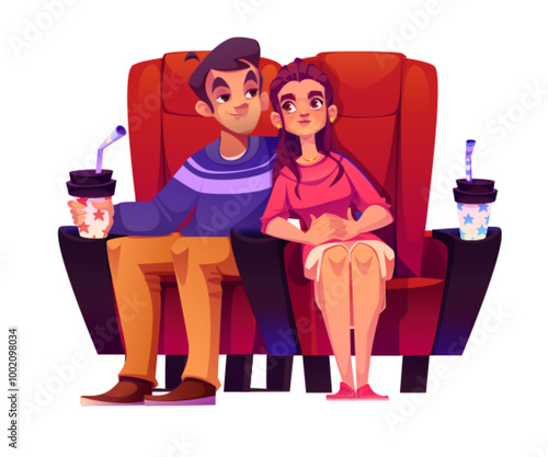 Couple in cinema isolated on white background. Vector cartoon illustration of young man and woman in love sitting in theater seats, watching romantic movie on date, boyfriend hugging girlfriend