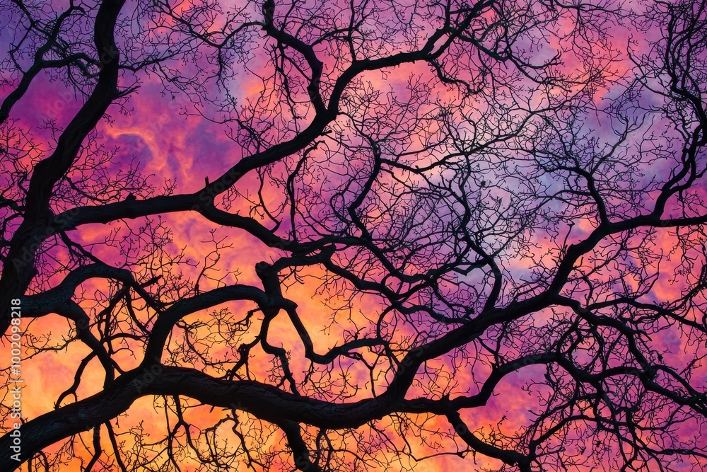 A striking silhouette of tree branches against a vibrant sunset sky, featuring hues of purple, orange, and pink. A striking silhouette of tree branches against a vibrant sunset sky, featuring hues of purple, orange, and pink.