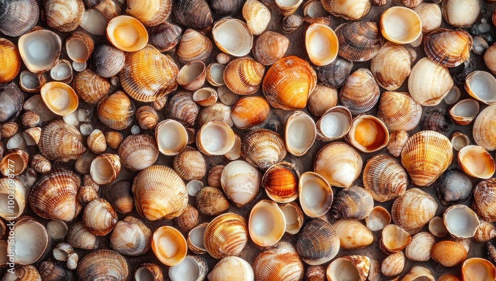 Seashells Background: A Close-Up Collection of Ocean Treasures Seashells Background: A Close-Up Collection of Ocean Treasures
