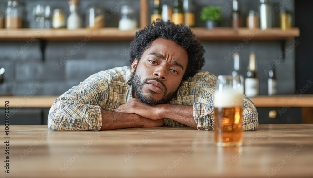 Young black man feeling sad and depressed drinking alcohol alone at home Young black man feeling sad and depressed drinking alcohol alone at home
