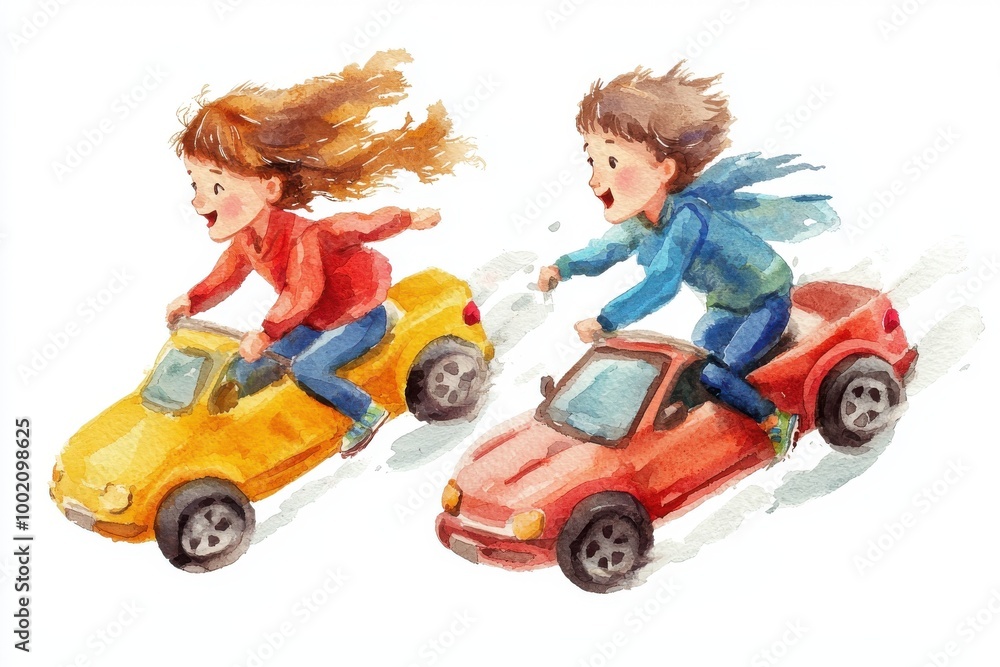 Two children race joyfully in colorful toy cars, showcasing fun and excitement in a whimsical watercolor illustration. Two children race joyfully in colorful toy cars, showcasing fun and excitement in a whimsical watercolor illustration.