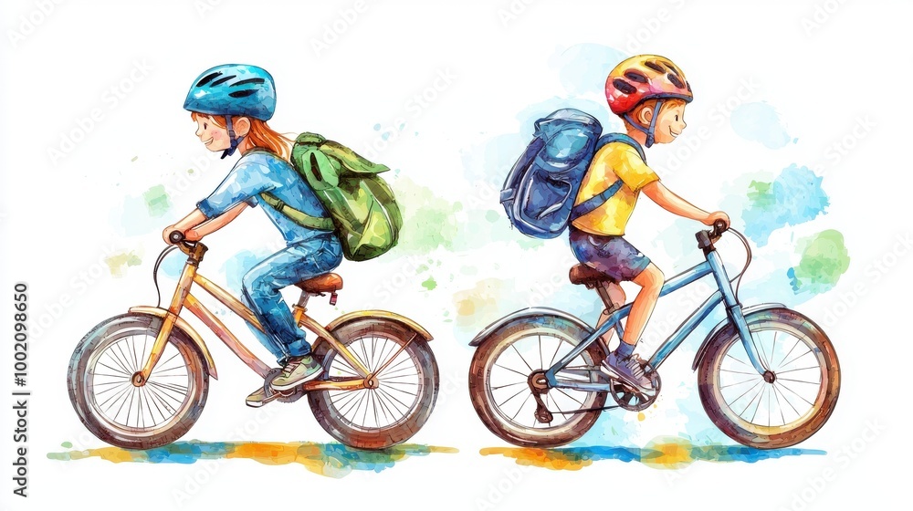 Obraz premium Two children riding bicycles in a colorful watercolor style, showcasing joy and adventure in outdoor activity.