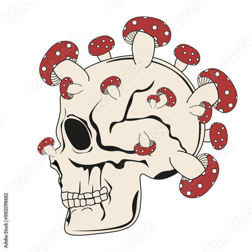 Deadly fungal infection. Horror Halloween Skull isolated transparent background. Vector Skull and toadstool. EPS 10