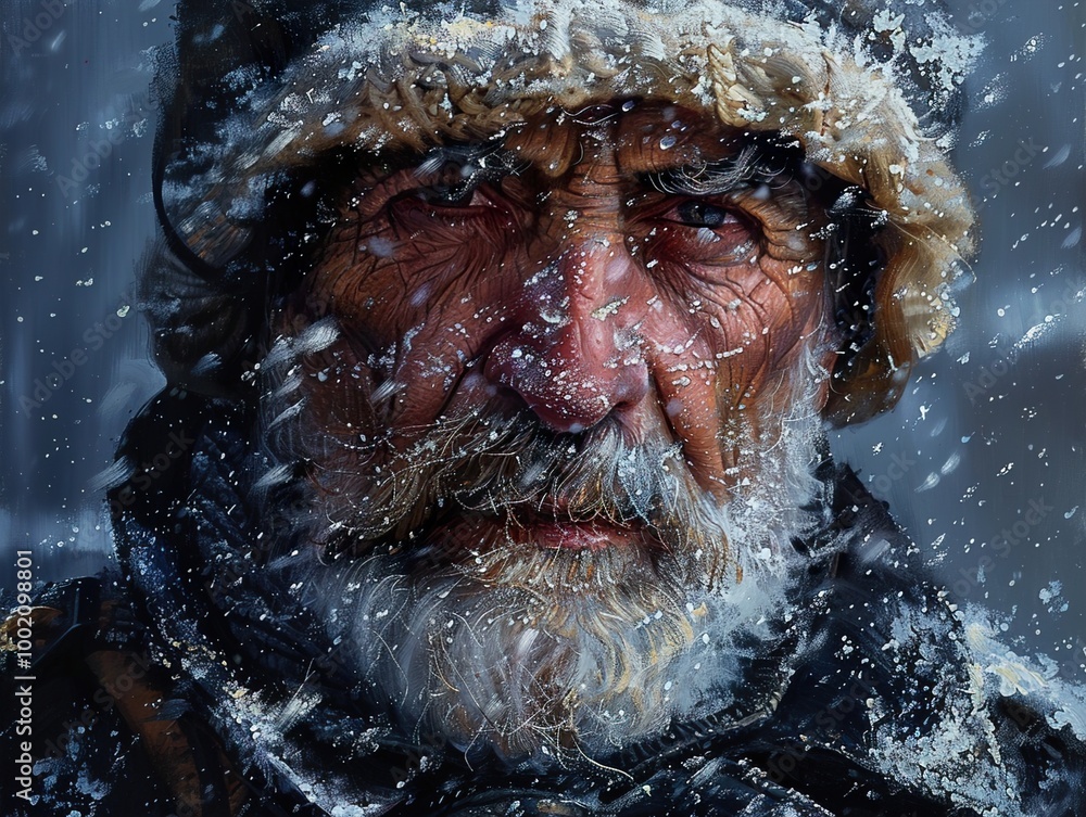 Obraz premium Intense Portrait of a Man in the Snow: A Winter's Tale