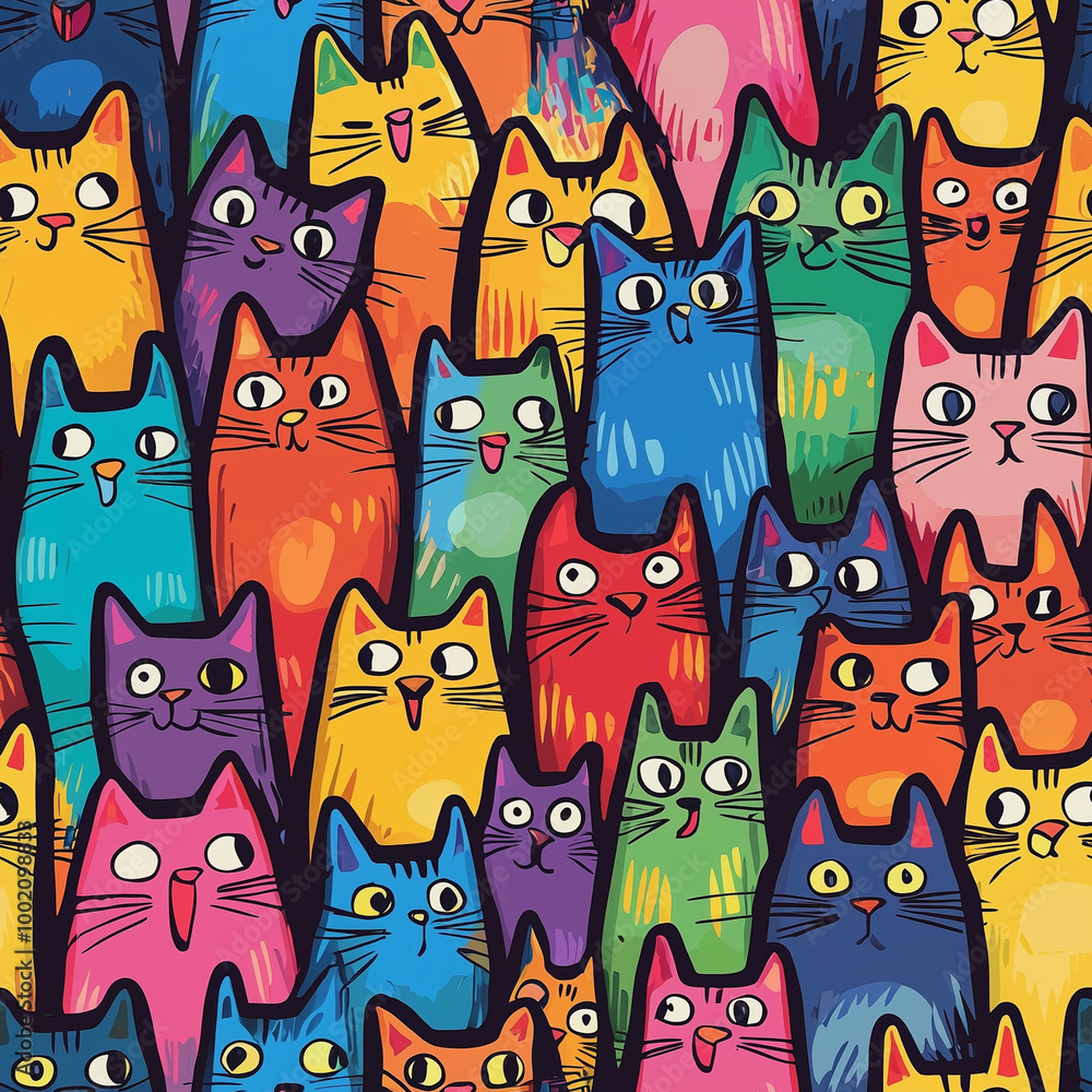 Seamless lively pattern featuring cartoon cats in a variety of bold colors, each with unique expressions on a colorful background. Seamless lively pattern featuring cartoon cats in a variety of bold colors, each with unique expressions on a colorful background.