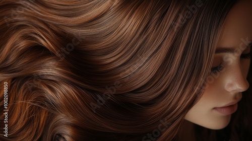 very healthy long shiny hair, color dark brown, that looks out of a commercial