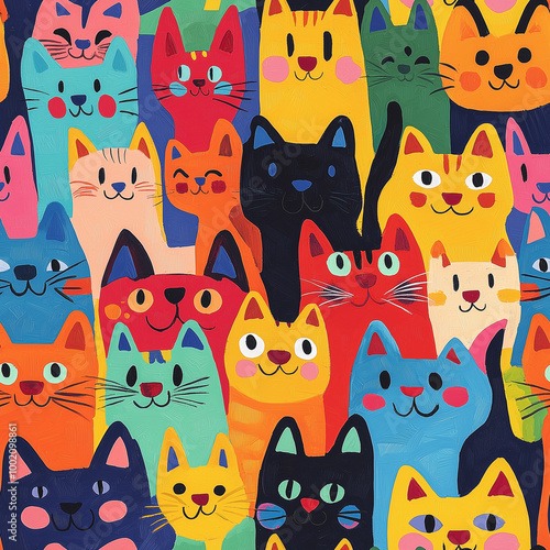 Seamless lively pattern featuring cartoon cats in a variety of bold colors, each with unique expressions on a colorful background.