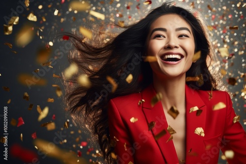 Amidst a shower of confetti, a businesswoman exudes pure joy, her wide smile radiating warmth and happiness against a backdrop of red tones.