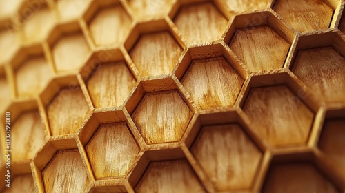 Close-up view of a honeycomb structure showcasing intricate hexagonal patterns made from natural wood.