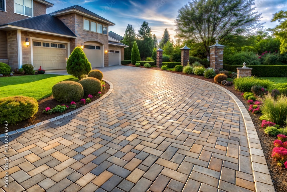 Fototapeta premium Curved brick driveway leading to home with green lawn and concrete texture
