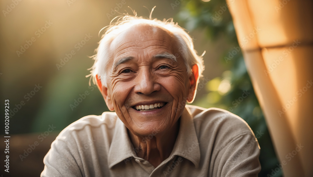 The old grandfather smiles at the sun in the morning The old grandfather smiles at the sun in the morning