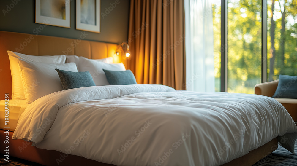 Luxurious hotel room with forest view, warm lighting, autumn ambiance Luxurious hotel room with forest view, warm lighting, autumn ambiance