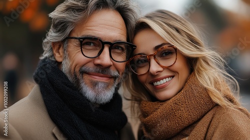 Happy couple wearing eyeglasses smiling outdoors