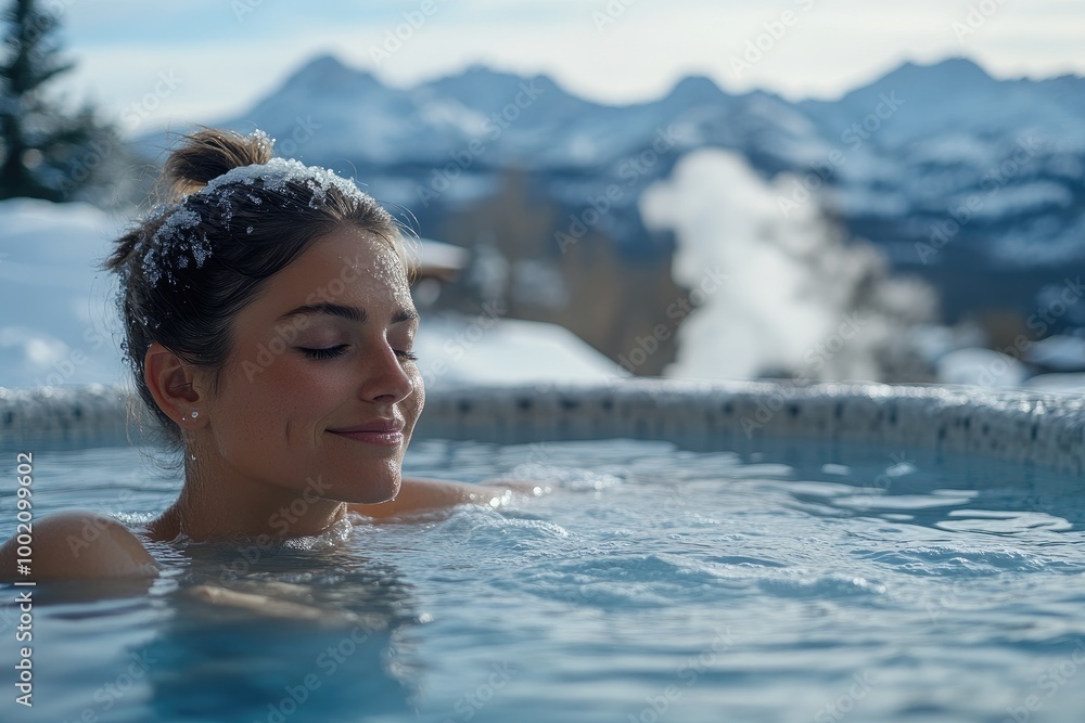 Obraz premium Woman enjoying outdoor hot spring with snowy mountains.