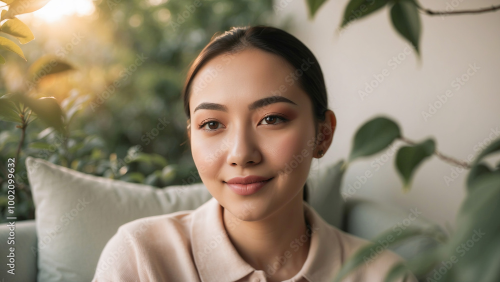 Portrait of a young beautiful Asian woman in the rays of the morning sun. Portrait of a young beautiful Asian woman in the rays of the morning sun.