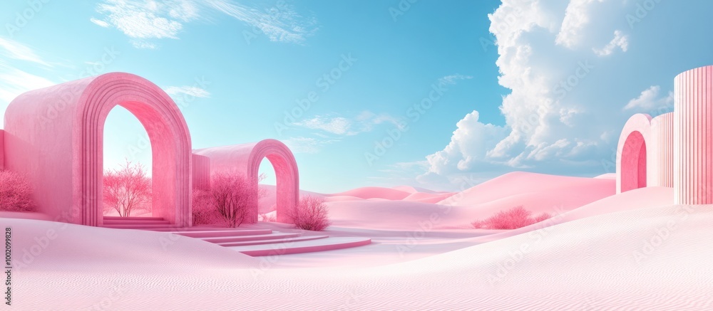 Pink arches and columns in a desert landscape with blue sky and white clouds. Pink arches and columns in a desert landscape with blue sky and white clouds.