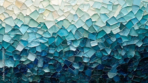 A mosaic wall design using shattered sea glass pieces arranged in a mosaic wave, with hues of deep ocean blue fading into clear glass near the edges, like the ebb and flow of the sea photo