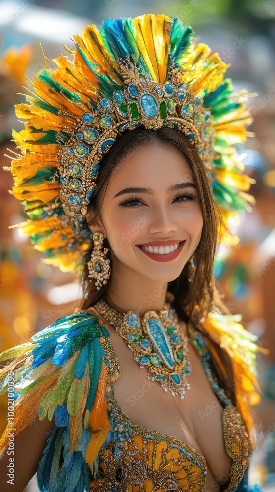 Fototapeta premium Colorful carnival dancer with vibrant feather headdress