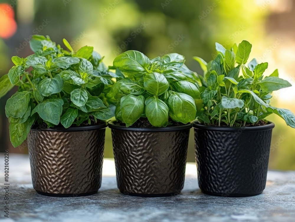 Fresh herbs growing in terracotta pots on a sunny day Fresh herbs growing in terracotta pots on a sunny day