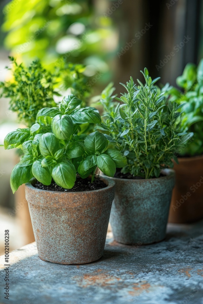 Young plants growing in terracotta pots on a stone ledge Young plants growing in terracotta pots on a stone ledge