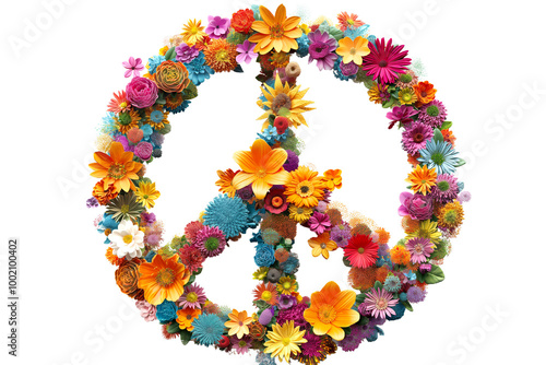 Peace symbol made of flowers, isolated on transparent background PNG 