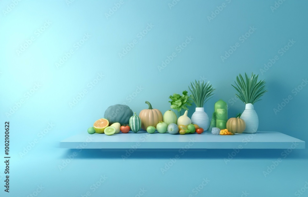 A blue shelf with an assortment of fruits, vegetables, and plants, set against a blue backdrop. A blue shelf with an assortment of fruits, vegetables, and plants, set against a blue backdrop.
