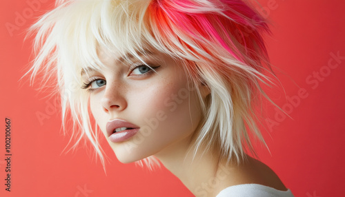 Model posing with trendy hairstyle and pink highlights