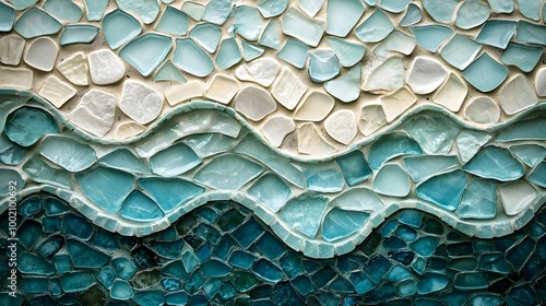 Artistic beach-inspired mosaic wall, uneven sea glass tiles flowing like waves, gentle hues of ocean blue, seafoam green, and pearly white photo