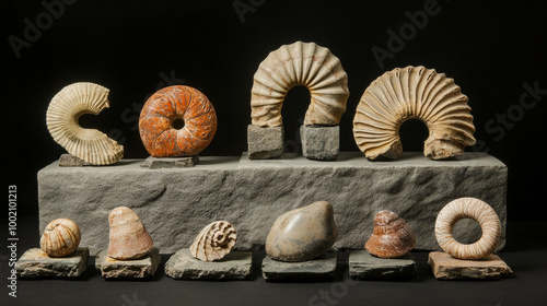 Ancient animal bones, like ammonites, trilobites, sea urchins, and crinoids, are preserved in stone as fossils. These discoveries are studied by archaeologists and paleontologists. photo