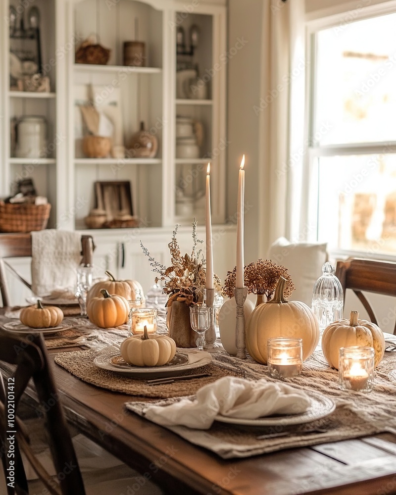 Autumn table setting with pumpkins, candles and cutlery Autumn table setting with pumpkins, candles and cutlery