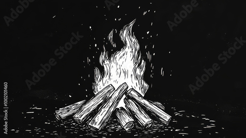 A classic, hand-drawn image of a bonfire. This black and white illustration is perfect for posters, banners, or logos. photo