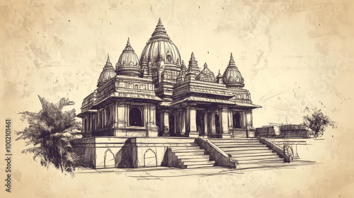 Beautiful, hand-drawn sketches of traditional Hindu temples in India, with a vintage style.  These temples are found in cities like Mumbai, Bangalore, and Ahmedabad. photo