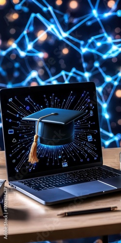 A laptop displays a graduation cap against a vibrant digital background, symbolizing online education and academic achievement. photo