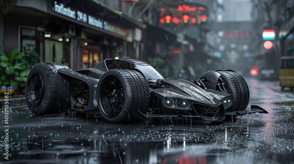 Obraz premium Futuristic Black Sports Car in the Rain - City Street Photography