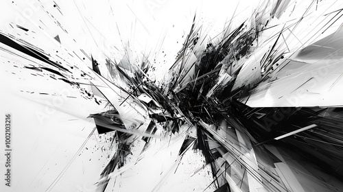 A powerful black and white abstract art piece with sharp lines and bold, jagged shapes colliding to form a sense of tension and energy. 8k UHD, suitable for high-quality printing or digital 