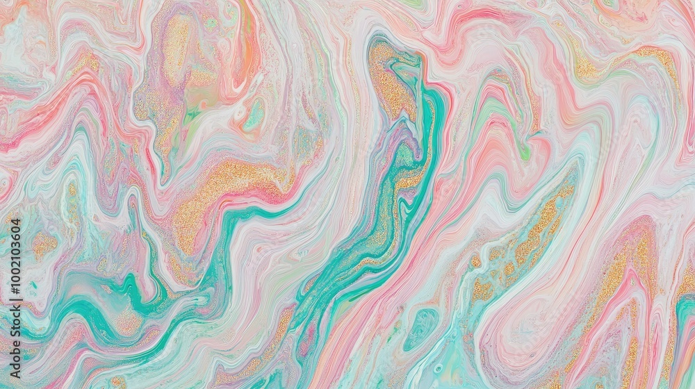 Abstract fluid acrylic painting with pastel colors, gold glitter, and dynamic wavy lines Abstract fluid acrylic painting with pastel colors, gold glitter, and dynamic wavy lines