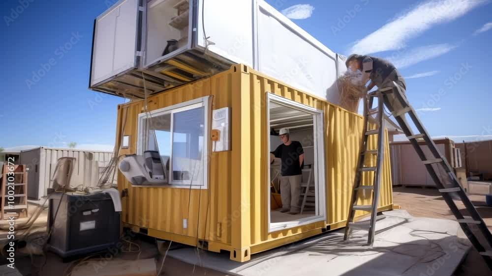 Construction workers building a modern home from shipping containers on a sunny day, showcasing sustainable architecture and teamwork under a blue sky Construction workers building a modern home from shipping containers on a sunny day, showcasing sustainable architecture and teamwork under a blue sky