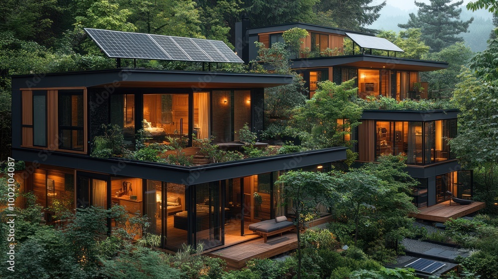 Modern, eco-friendly homes with green roofs and solar panels nestled in a lush forest setting. Modern, eco-friendly homes with green roofs and solar panels nestled in a lush forest setting.