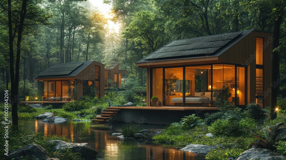 Fototapeta premium Modern tiny houses with solar panels situated in a lush forest near a creek.