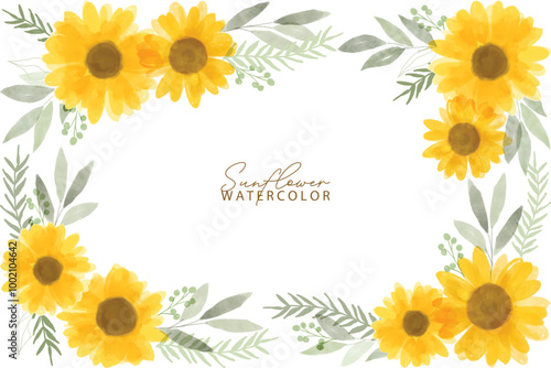 Sunflower watercolor background. Summer yellow blossom flowers collection. Vector illustration. Botanical watercolor hand drawn sunflowers, leaves, plants. 