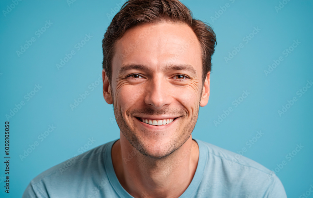 Obraz premium young man smiling looking at camera with a light blue background