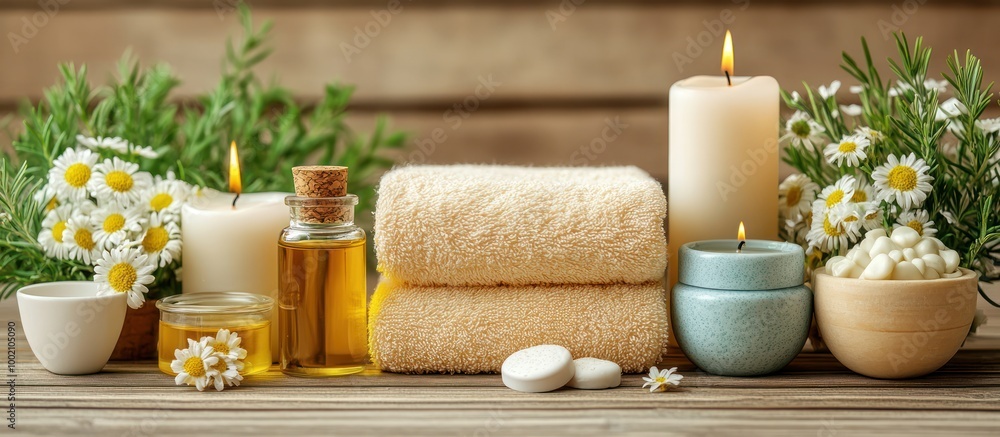 Spa essentials with candles, chamomile flowers, towels, and essential oil on wooden background. Spa essentials with candles, chamomile flowers, towels, and essential oil on wooden background.