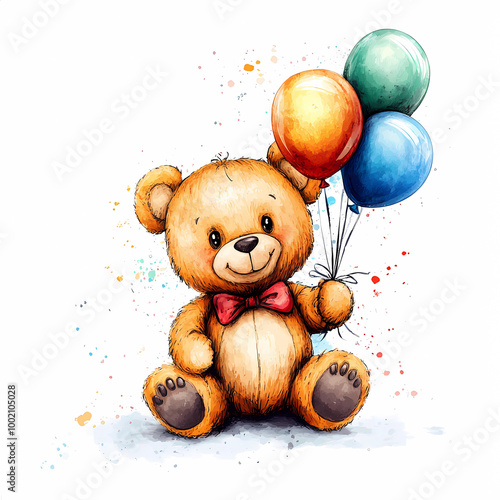Cute Teddy Bear with Balloons and Gift box in watercolor – Perfect for Birthday Decor or Invitations, generated ai