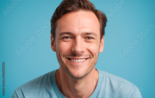  young man smiling looking at camera with a light blue background