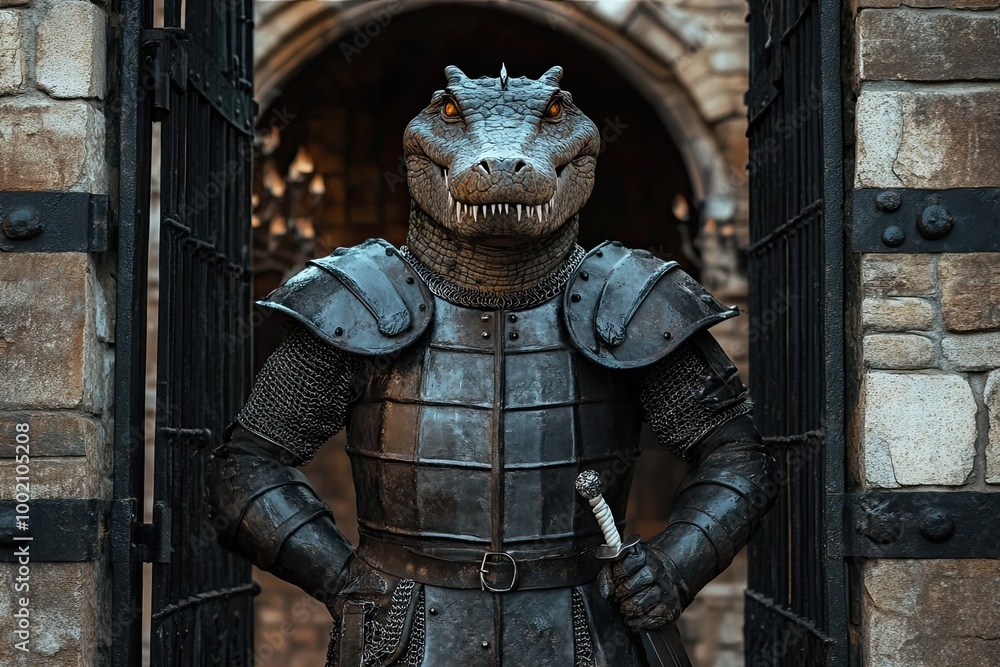Crocodile Knight Standing Before an Iron Gate Crocodile Knight Standing Before an Iron Gate
