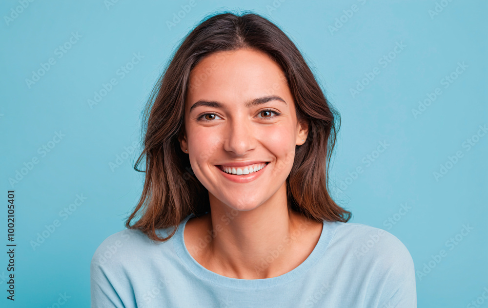 Happy cheerful woman smiling and looking at camera with her hair down on a light blue background Happy cheerful woman smiling and looking at camera with her hair down on a light blue background