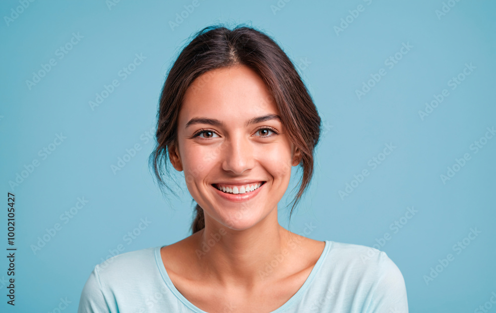 young woman with her hair tied up smiling at the camera with a light blue background
young woman with her hair tied up smiling at the camera with a light blue background