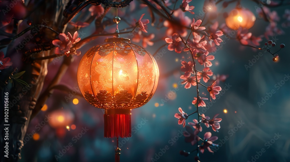 Glowing Chinese Lantern Hanging From Cherry Blossom Tree Glowing Chinese Lantern Hanging From Cherry Blossom Tree